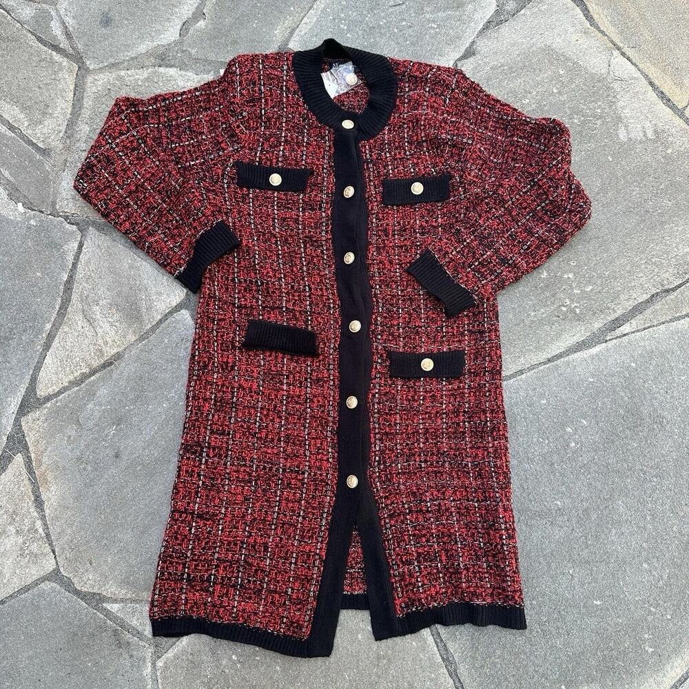 New York & Company Cardigan Womens Medium Red Black Tweed Tweed Knit Button Up